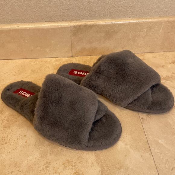 Sorel Go Mail Run Slippers Women’s 8 Gray Faux Fur Slide House Shoes Excellent - Picture 4 of 6